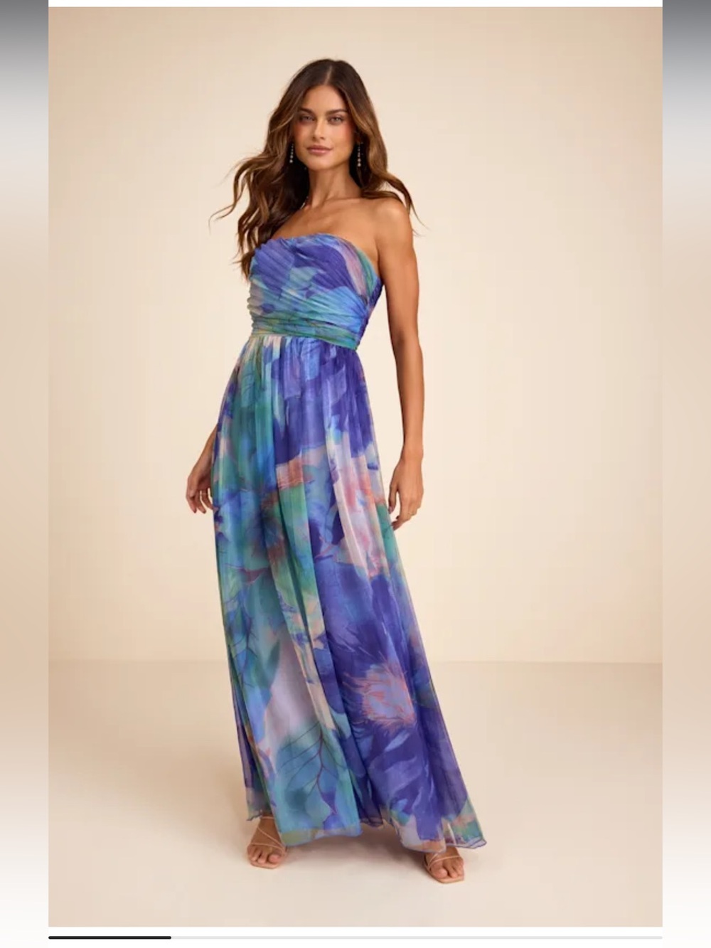 Lulus Galilea Blue Multi Floral Strapless Maxi Dress Size Small